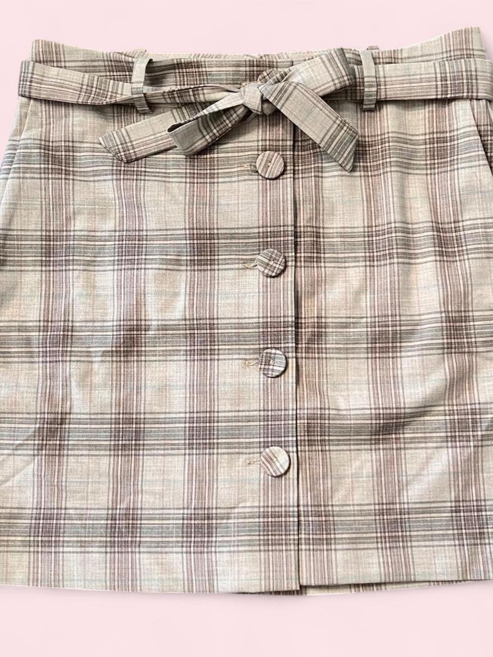 Plaid Button-Front Mini Waist Skirt - Beige